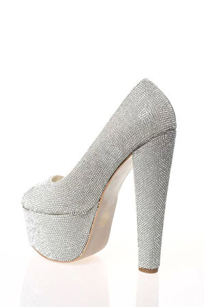 Kadın Moda Şık Gümüş Full Taş Yüksek Topuk Topuklu Düğün Nişan Gece Abiye Ayakkabı
