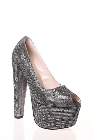 Kadın Moda Şık Gümüş Full Taş Yüksek Topuk Topuklu Düğün Nişan Gece Abiye Ayakkabı