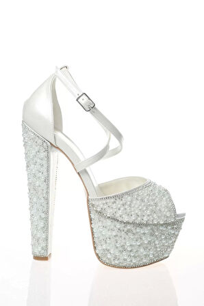 Kadın Moda Şık Sedef Cilt Full Inci Taş Topuklu Zarif Tasarım Düğün Nişan Gece Abiye Ayakkabı