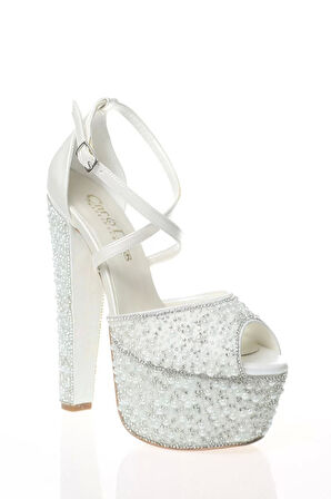 Kadın Moda Şık Sedef Cilt Full Inci Taş Topuklu Zarif Tasarım Düğün Nişan Gece Abiye Ayakkabı