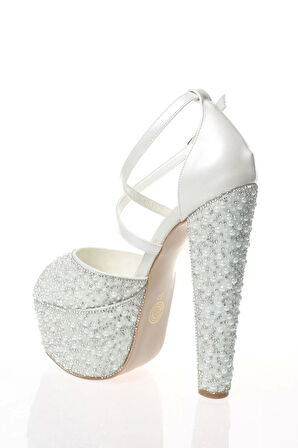 Kadın Moda Şık Sedef Cilt Full Inci Taş Topuklu Zarif Tasarım Düğün Nişan Gece Abiye Ayakkabı