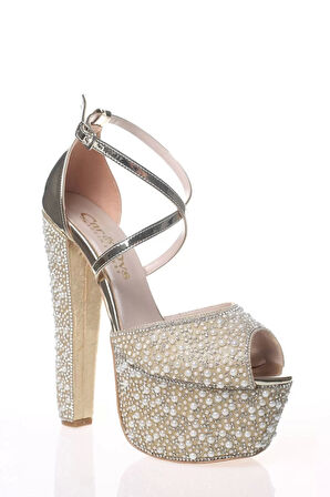 Kadın Moda Şık Gold Ayna Full Inci Taş Topuklu Düğün Nişan Gece Abiye Ayakkabı