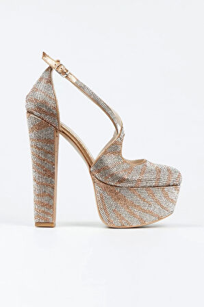 Kadın Sultan Çift Renk Taşlı Klasik Topuklu Platformlu Topuklu Düğün Nişan Gece Abiye Ayakkabı