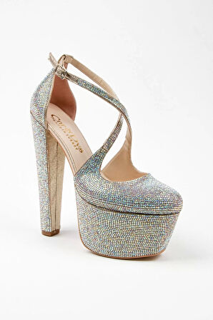 Kadın Moda Şık Gold Janjan Full Taş Düğün Nişan Gece Abiye Ayakkabı