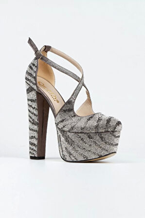 Kadın Sultan Çift Renk Taşlı Klasik Topuklu Platformlu Topuklu Düğün Nişan Gece Abiye Ayakkabı