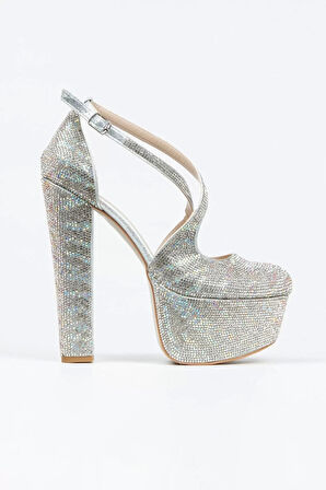 Kadın Sultan Çift Renk Taşlı Klasik Topuklu Platformlu Topuklu Düğün Nişan Gece Abiye Ayakkabı