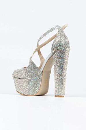 Kadın Sultan Çift Renk Taşlı Klasik Topuklu Platformlu Topuklu Düğün Nişan Gece Abiye Ayakkabı