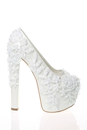 Kadın Moda Beyaz Sedef Inci Taş Işlemeli Gelin Ayakkabı Topuklu Düğün Nişan Gece Abiye Ayakkabı