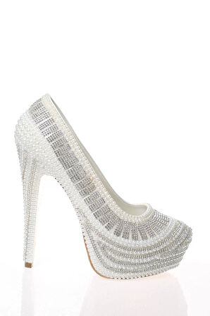 Kadın Moda Şık Sedef İnci Taş İşlemeli Gelin Ayakkabı Topuklu Düğün Nişan Gece Abiye Ayakkabı