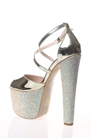 Kadın Moda Şık Gold Ayna Ökçe Poli Taş Yüksek Topuk Topuklu Düğün Nişan Gece Abiye Ayakkabı