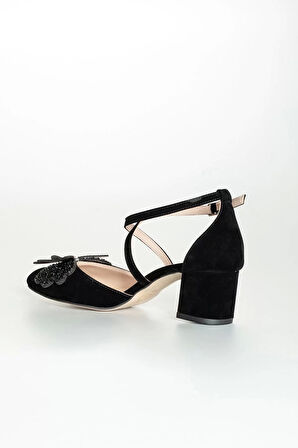 Kadın Moda Şık Siyah Süet Taşlı Topuklu Ayakkabı Zarif Tasarım Düğün Nişan Gece Abiye Ayakkabı