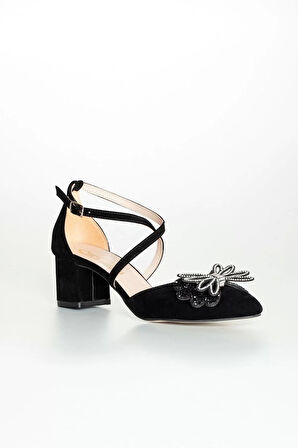 Kadın Moda Şık Siyah Süet Taşlı Topuklu Ayakkabı Zarif Tasarım Düğün Nişan Gece Abiye Ayakkabı