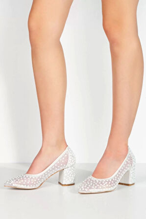 Kadın Moda Şık Gümüş Tül Inci Taşlı Klasik Düğün Nişan Gece Abiye Ayakkabı