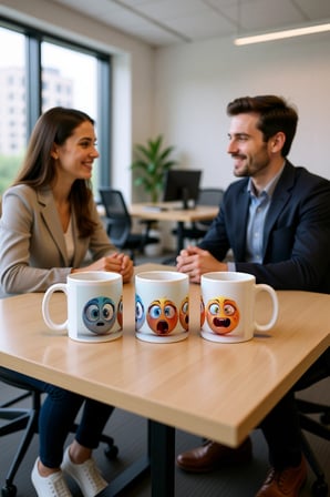 Seramik Kupa Animasyon Yüz Emojileri Baskılı 300 ml Hediyelik Kahve Çay Kupası Özel Tasarım Ofis