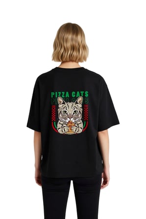 Kadın Oversize Kedi Pizza Baskılı Kısa Kollu Rahat Kesim Grafik Tişört Günlük Giyim Modern Şık Zarif