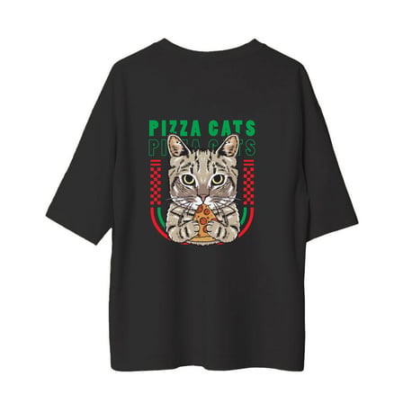 Kadın Oversize Kedi Pizza Baskılı Kısa Kollu Rahat Kesim Grafik Tişört Günlük Giyim Modern Şık Zarif