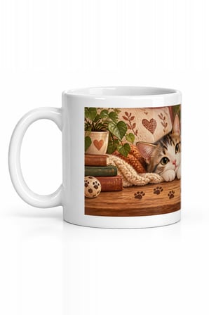 Seramik Kupa Kedili Kahve Sahnesi Baskılı 300 ml Hediyelik Çay Kupası Özel Tasarım Kahve Kupası