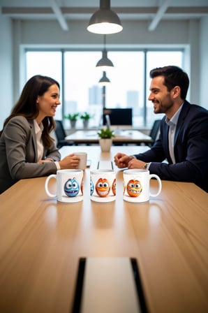 Seramik Kupa Neşeli Yüzler Toplaması Baskılı 300 ml Hediyelik Kahve Çay Kupası Özel Tasarım Ofis