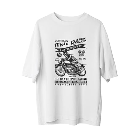 Flat Track Moto Yarış Klasik Baskılı Erkek Oversize Tişört