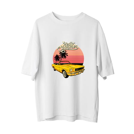 Erkek Oversize Tişört %100 Pamuk Retro Araba Baskılı Yaz Nostalji Günlük Rahat Kesim Modern Şık