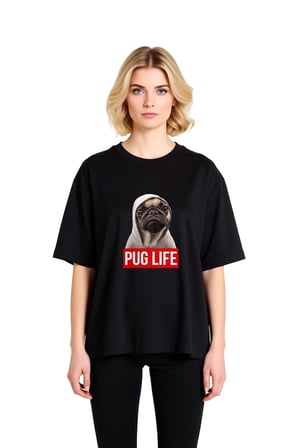 Kadın Oversize Tişört Pug Baskılı Rahat Kesim Günlük Giyim Komik Köpek Tasarımı Modern Şık Konforlu
