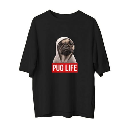 Kadın Oversize Tişört Pug Baskılı Rahat Kesim Günlük Giyim Komik Köpek Tasarımı Modern Şık Konforlu