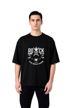 Erkek Oversize Tişört Rock Fest Müzik Gösterisi Çapraz Gitar Baskılı Konforlu Günlük Rahat Modern