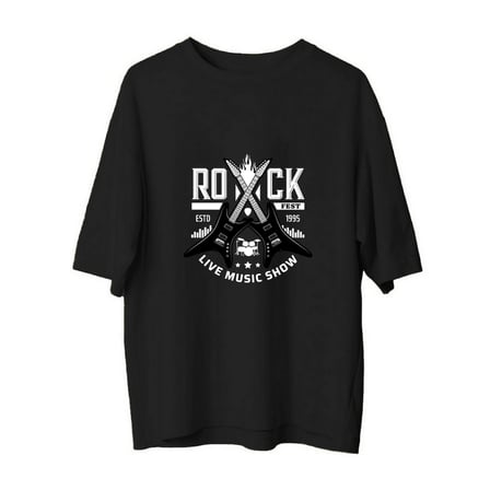 Erkek Oversize Tişört Rock Fest Müzik Gösterisi Çapraz Gitar Baskılı Konforlu Günlük Rahat Modern
