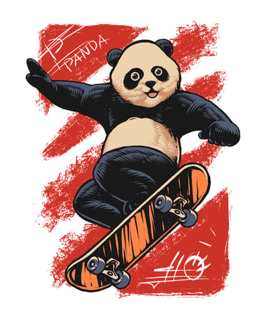 Erkek Çocuk Kaykay Sporcu Panda Baskılı Kısa Kollu Rahat Kesim Pamuklu Tişört Günlük Modern Şık