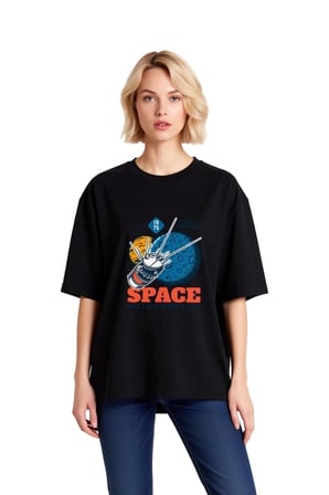Uzay Yolculuğu Vintage Roket Teması Baskılı Kadın Oversize Tişört