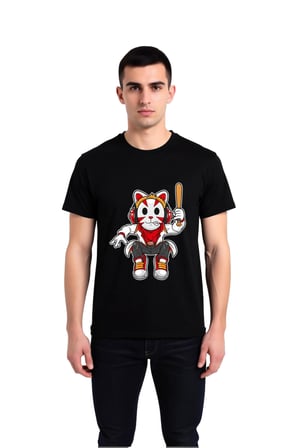 Kedi Verili Beyzbol Şapkalı Baskılı Erkek Tişört