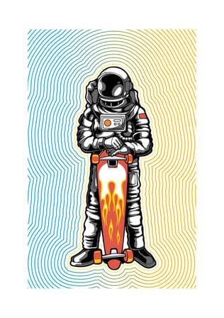 Erkek Astronot Kaykay Baskılı Tişört %100 Pamuk Rahat Kesim Kalın Hat Sanatı Deseni Günlük Modern