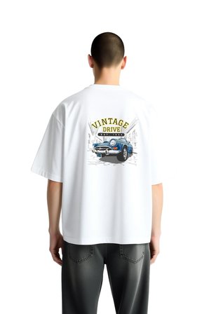 Vintage Sürüş Kuruluşu Baskılı Erkek Oversize Tişört