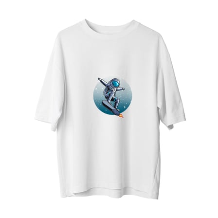 Erkek Oversize Tişört Astronot Roket Surfing Baskı Pop Art Uzay Temalı Rahat Kesim Günlük Modern