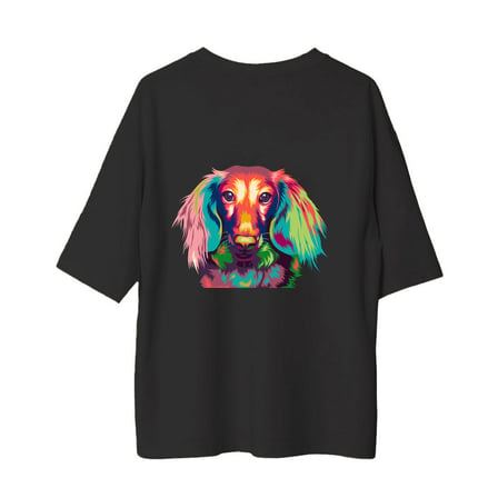 Kadın Oversize Tişört Pop Art Köpek Portresi Dijital Baskı Neon Renkli Sanat Tasarımı Günlük Rahat