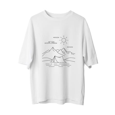 Su Üstünde Çadır Dağ ve Güneş Baskılı Erkek Oversize Tişört