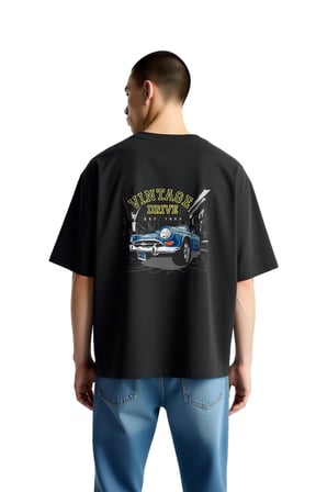 Vintage Sürüş Kuruluşu Baskılı Erkek Oversize Tişört