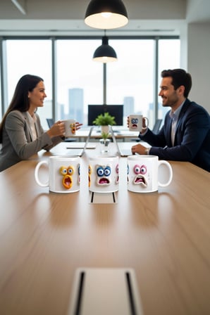 Seramik Kupa 3D Komik Yüz İfadeleri Baskılı 300 ml Hediyelik Kahve Çay Kupası Özel Tasarım Ofis