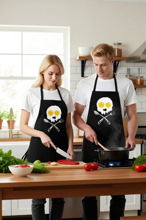 Erkek Unisex Aşçı Önlüğü Kuru Kafa Baskılı Mutfak Sanatçısı Motifli Rahat Kesim Günlük Modern Şık