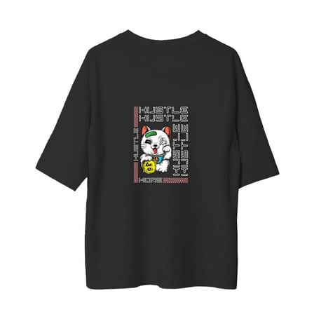 Hustle Motivasyon Kedi Teması Baskılı Erkek Oversize Tişört