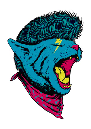 Erkek Grafik Baskılı Kısa Kollu Yuvarlak Yaka Tişört Punk Estetik Möhavk Kedisi Bandana Detaylı