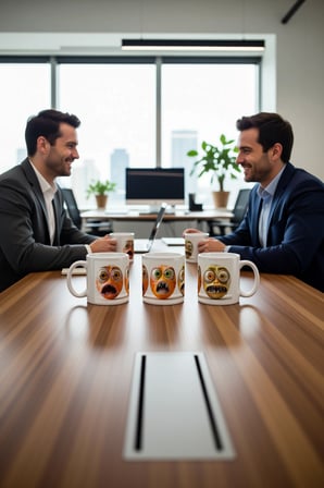 Seramik Kupa Komik Canavar Yüzleri Baskılı 300 ml Hediyelik Kahve Çay Kupası Özel Tasarım Ofis