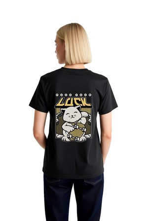 Kadın Şanslı Kedi Baskılı Tişört Push Your Luck Yazılı Asya Kültürü Temalı Rahat Kesim Günlük Modern