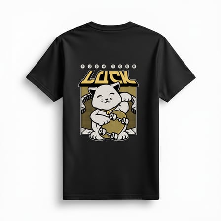 Kadın Şanslı Kedi Baskılı Tişört Push Your Luck Yazılı Asya Kültürü Temalı Rahat Kesim Günlük Modern