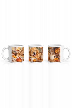 Seramik Kupa Golden Retriever Baskılı 300 ml Sonbahar Temalı Hediyelik Kahve Çay Kupası Özel Tasarım