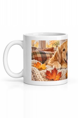 Seramik Kupa Golden Retriever Baskılı 300 ml Sonbahar Temalı Hediyelik Kahve Çay Kupası Özel Tasarım