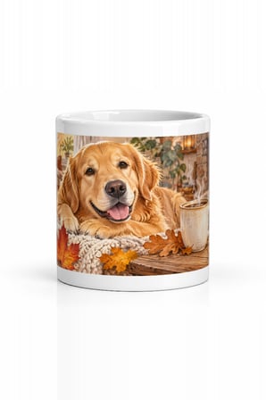 Seramik Kupa Golden Retriever Baskılı 300 ml Sonbahar Temalı Hediyelik Kahve Çay Kupası Özel Tasarım