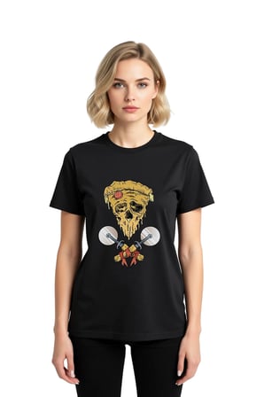 Kadın Grafik Baskılı Pamuk Tişört Pizza Motifli İskelet Desenli Kısa Kol Yuvarlak Yaka Rahat Kesim
