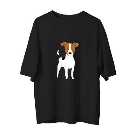 Sevimli Köpek Karikatürü Kahverengi Kulak ve  Baskılı Erkek Oversize Tişört