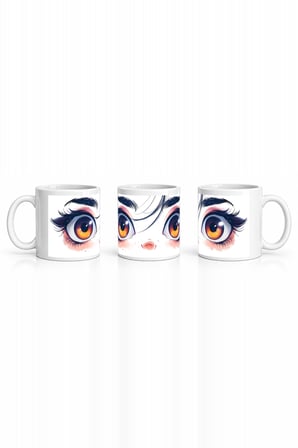 Seramik Kupa Anime Gözlü Yüz Baskılı 300 ml Hediyelik Kahve Çay Kupası Özel Tasarım Kahve Kupası